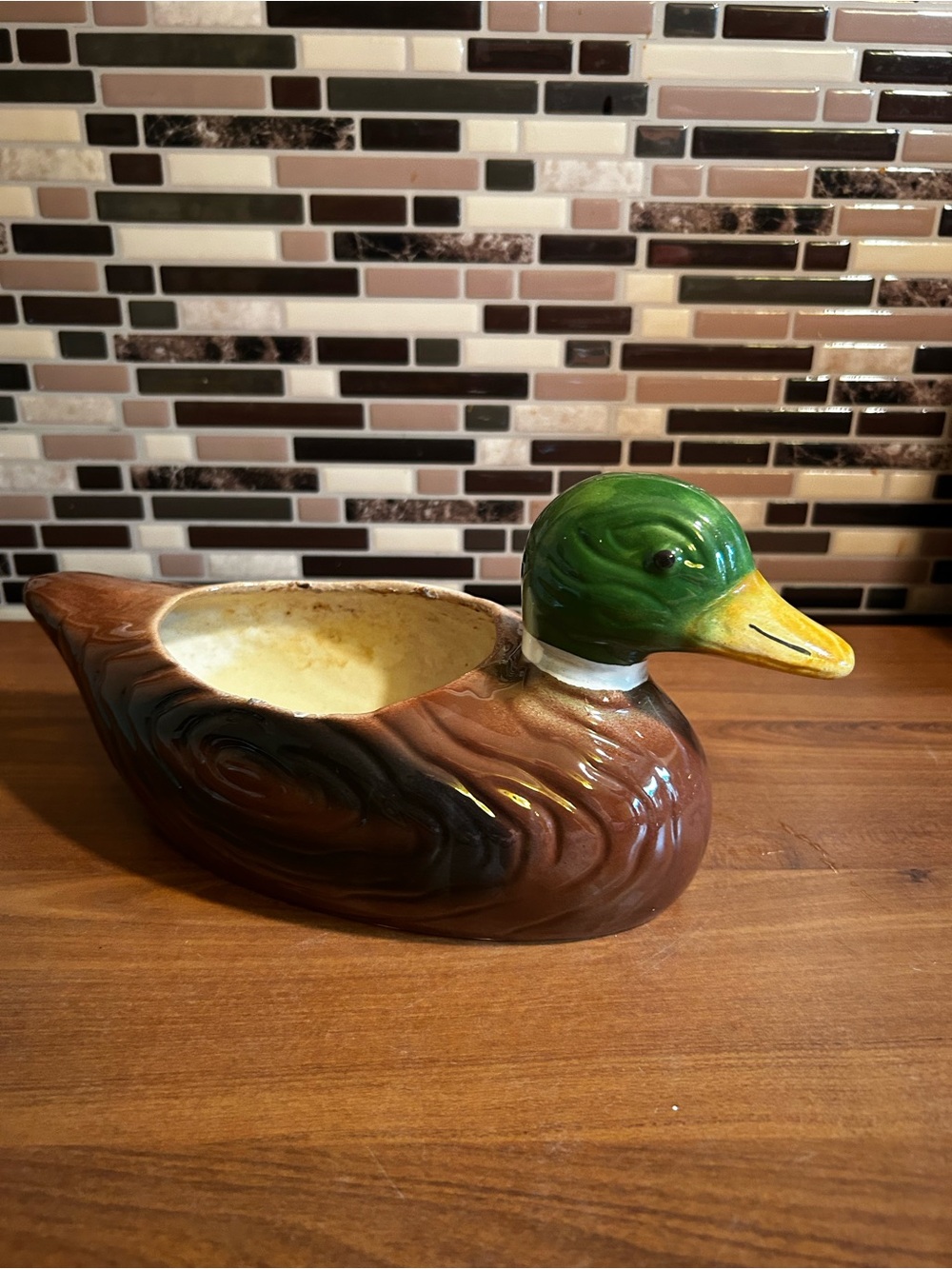 Vintage Hand-Painted Mallard Duck Ceramic Planter - Green and Brown